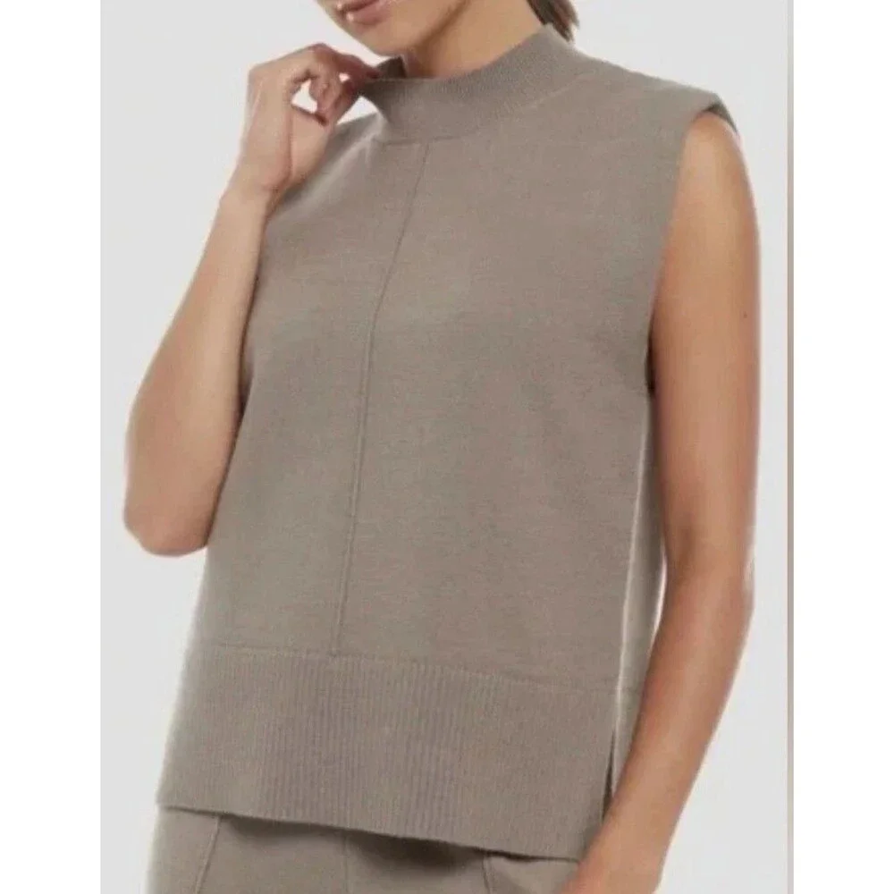 Three Dots Women's Kate Mock Neck Sleeveless Knit Top Sweater Cinder Ash Brown L